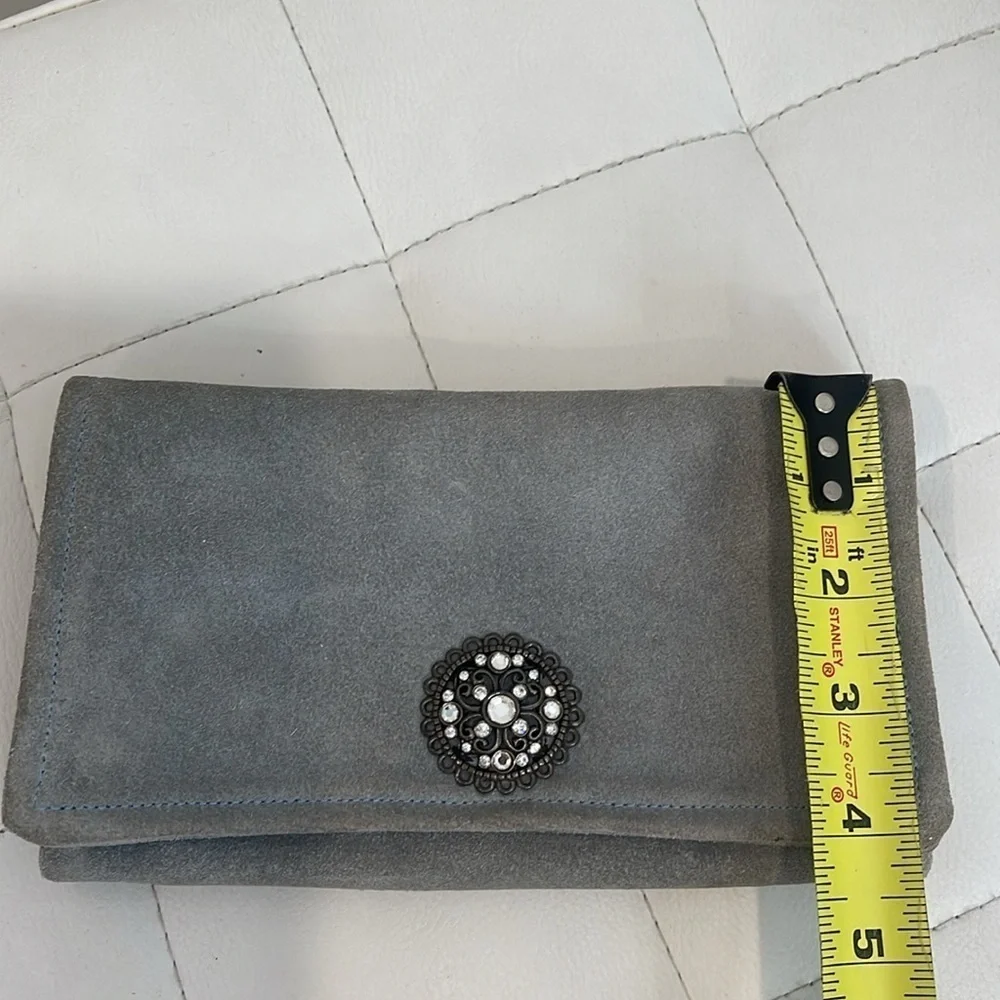 Pale blue clutch with inside zippers and vintage embellishments